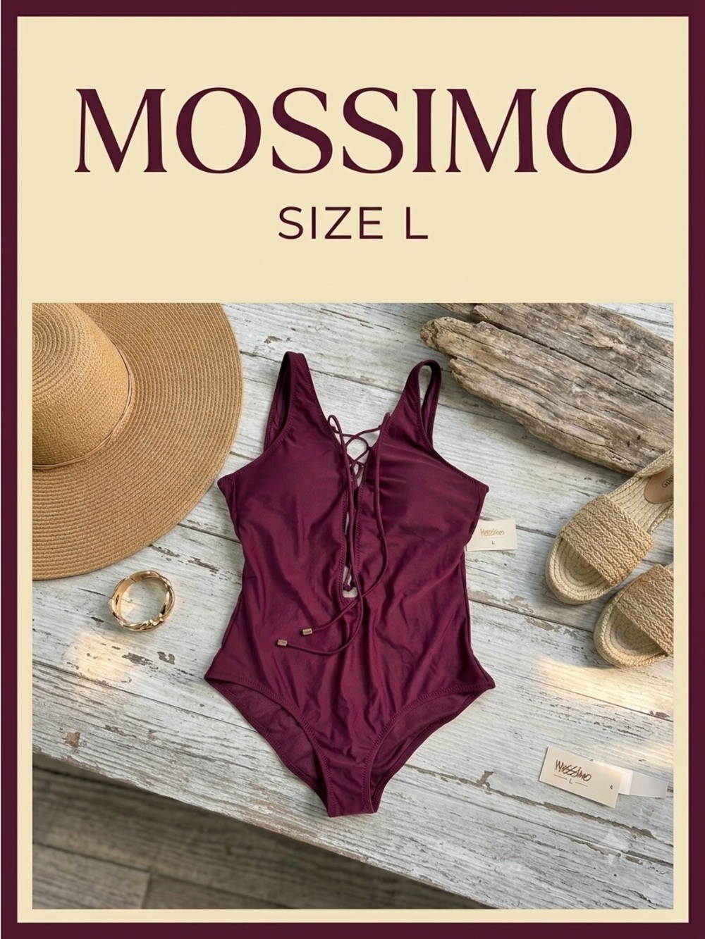 MOSSIMO Women’s Lace-Up One Piece Swimsuit Maroon / Cherry Blossom Size L NWT